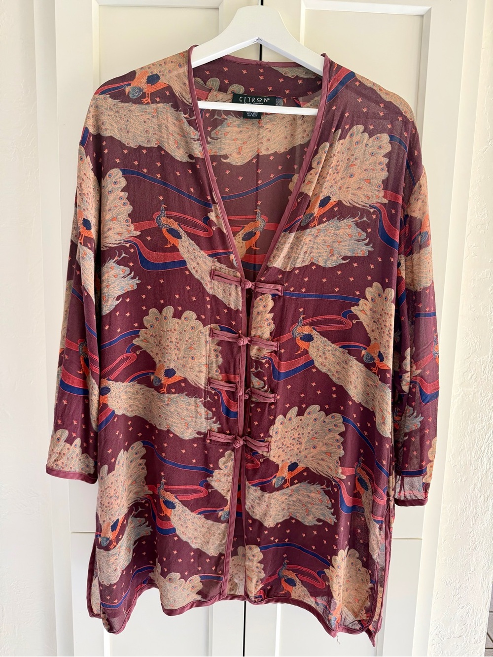Citron Santa Monica Burgundy Peacock-Print Silk Tunic Top